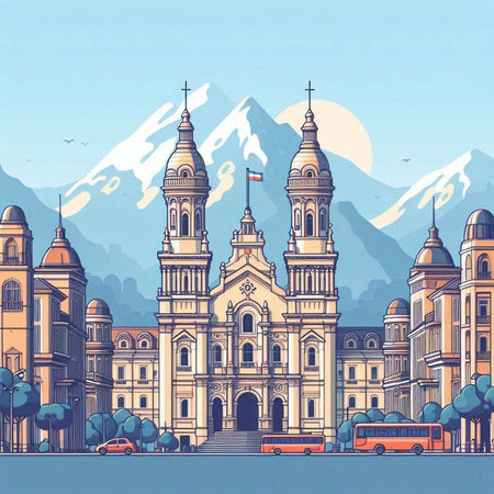 Santiago de Compostela Cathedral, Chile. Hand drawn vector illustration.