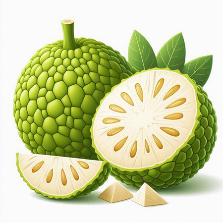 Illustration of custard apple with slices and leaves on white background