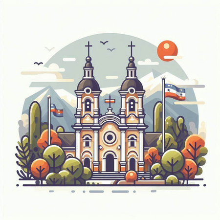 Church in the mountains. Colorful vector illustration in flat style.のイラスト素材