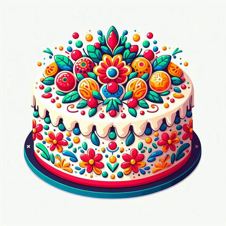 Birthday cake with floral ornament on a white background. Vector illustration.