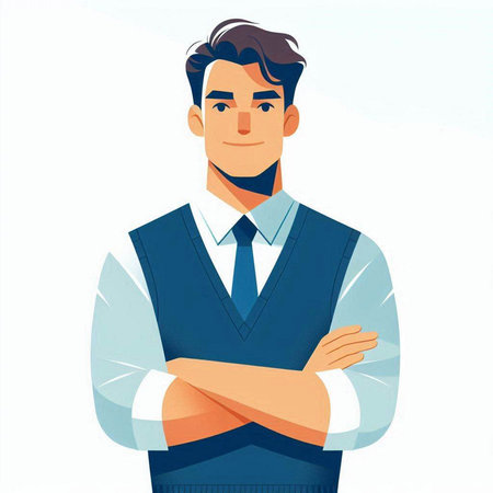 Portrait of a confident businessman standing with arms crossed. Vector illustration.