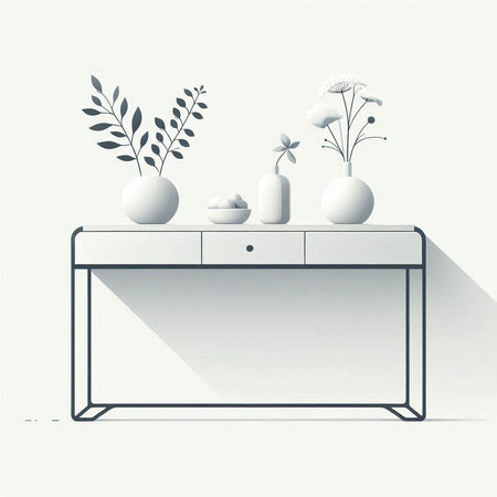Illustration of a modern chest of drawers with plants and flowers
