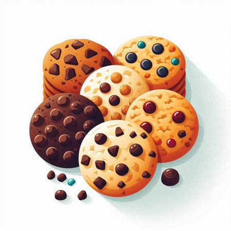 Chocolate chip cookies and chocolate chips on white background. Vector illustration.
