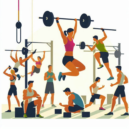 Fitness people lifting weights in the gym. Flat style vector illustration.