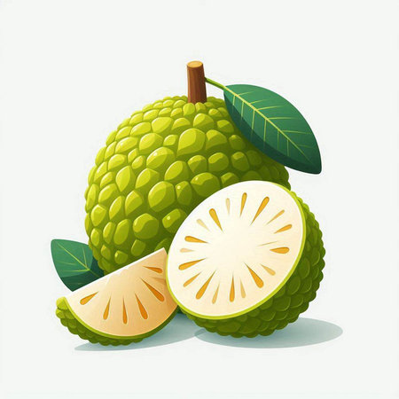 Vector illustration of green litchi fruit with slices and leaves.