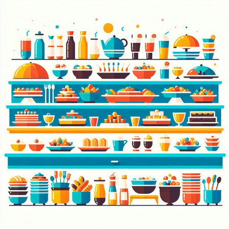 Kitchen shelves with food and drinks. Vector illustration in flat style