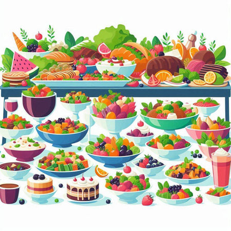 Fruits and berries in a supermarket. Vector illustration in cartoon styleのイラスト素材