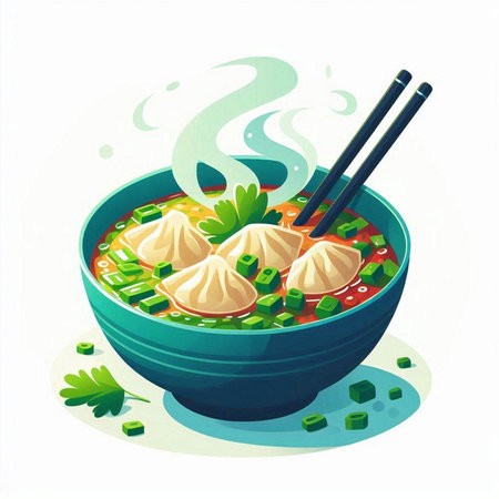 Vector illustration of Chinese dumpling soup in a bowl with chopsticks