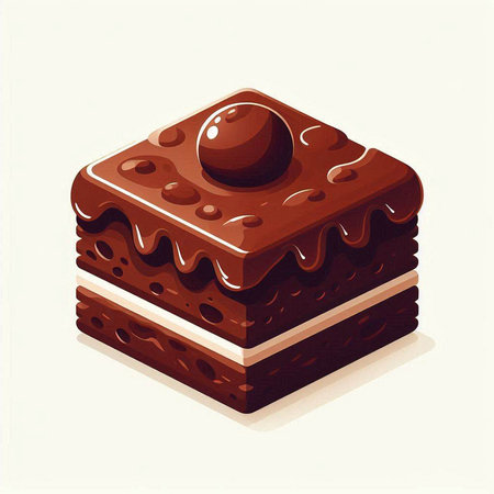 Piece of chocolate cake with cherry on top. Vector illustration.