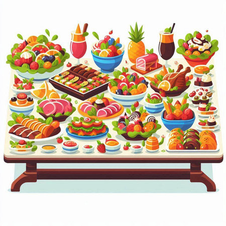 Fruit and vegetable dishes on the table. Vector illustration in cartoon style