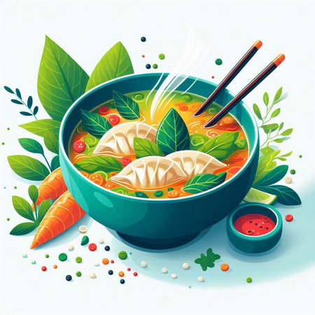 Illustration of a bowl of Chinese soup with dumplings and vegetablesのイラスト素材