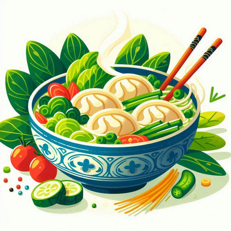 Illustration of a bowl of dumplings with vegetables and chopsticksのイラスト素材