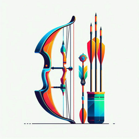 Archery vector illustration. Colorful arrows and bow on white background.