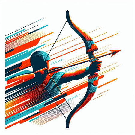 Archery player with bow and arrow on abstract background, vector illustration