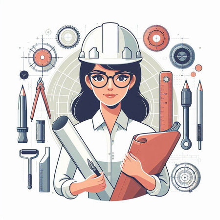 Engineer woman in helmet and glasses holding blueprints. Vector illustration