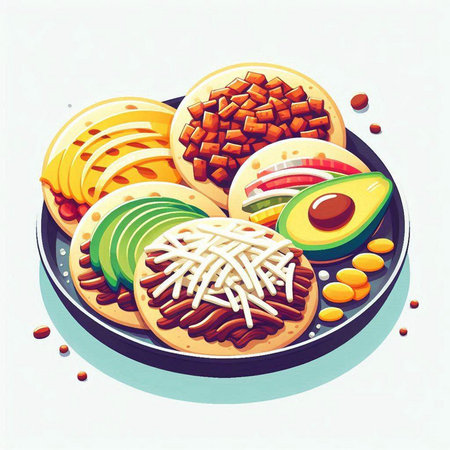 Illustration of a plate with different colorful cookies on a white background