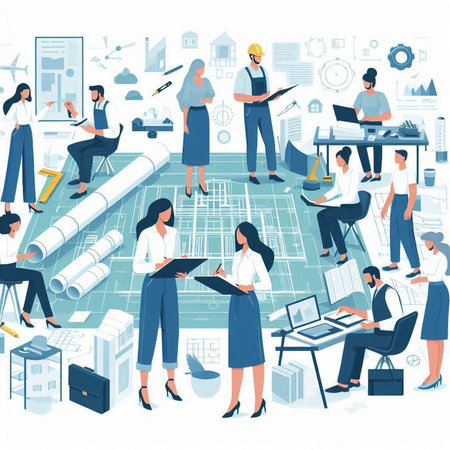 Architects and engineers working on construction project. Vector illustration.