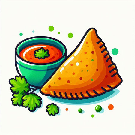 Mexican samosas with sauce and parsley, vector illustration