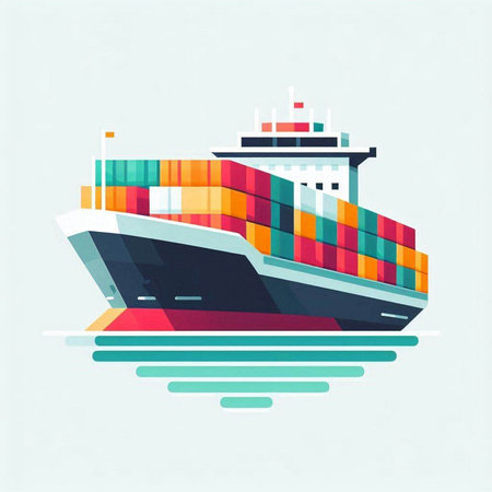 Cargo ship in the sea. Colorful flat vector illustration.