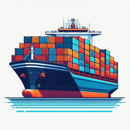 Cargo ship with containers on water. Vector illustration in retro style.