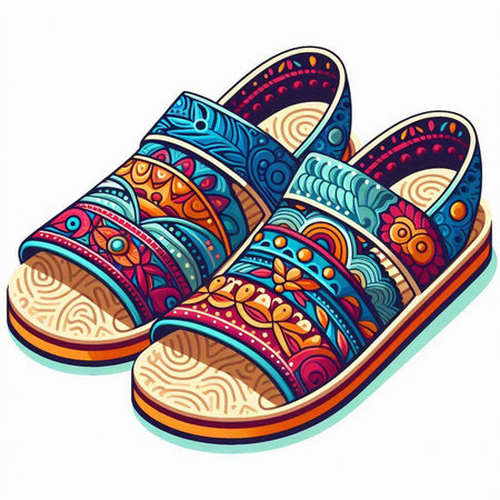 Vector illustration of colorful slippers with ethnic ornament. Hand drawn illustration.