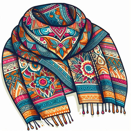 Hand drawn illustration of a knitted shawl in ethnic style