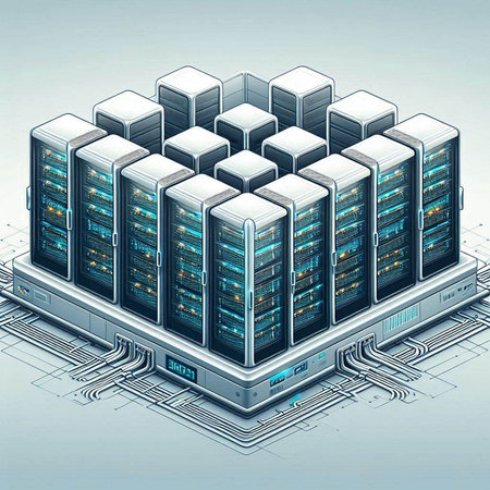 Data center with servers in isometric 3d style. Vector illustration.