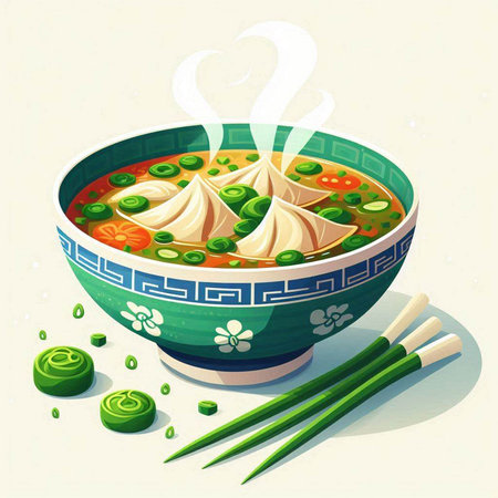 Illustration of a bowl of soup with dumplings and chopsticks