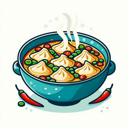 Illustration of a bowl of spicy dumplings. Vector illustration.のイラスト素材
