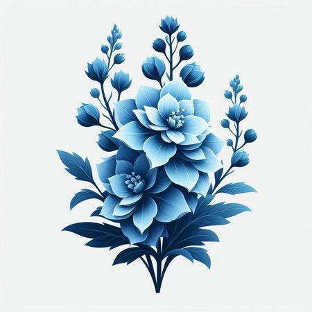 Blue floral bouquet with blue flowers and leaves. Vector illustration.