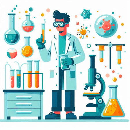 Scientist working in laboratory. Vector illustration in flat cartoon style.のイラスト素材