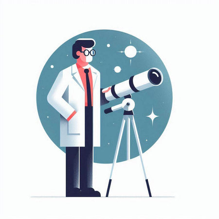 Scientist looking through telescope. Vector illustration in cartoon style isolated on white...