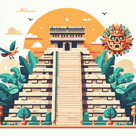 Ancient Mayan temple. Vector illustration in flat cartoon style. Mexico.