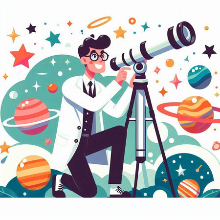 Astronaut with telescope. Vector illustration in flat cartoon style.