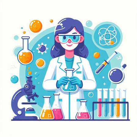 Scientist woman in laboratory. Vector illustration in flat cartoon style.のイラスト素材