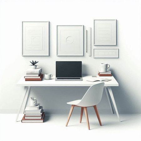 Modern workplace with laptop, books and coffee cup on table. 3d render