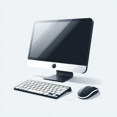 Computer monitor, keyboard and mouse on white background. Vector illustration.