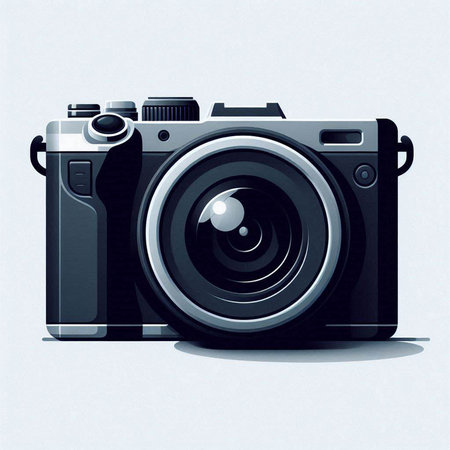 Retro camera with lens on a white background. Vector illustration.