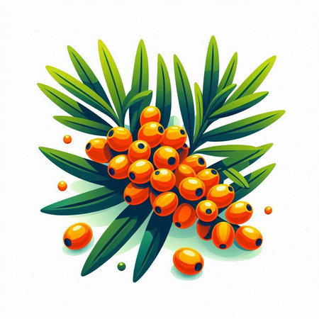 Branch of sea buckthorn berries with leaves. Vector illustration.のイラスト素材
