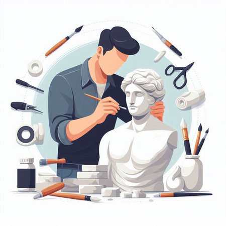 Vector illustration of a man working on a sculpture in his office.のイラスト素材