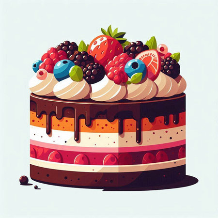 Illustration of a chocolate cake with strawberries, raspberries and blueberries