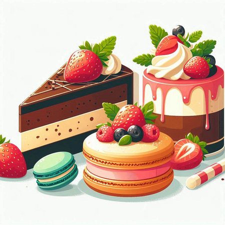 illustration of a cake and macaroon with strawberries and blueberries