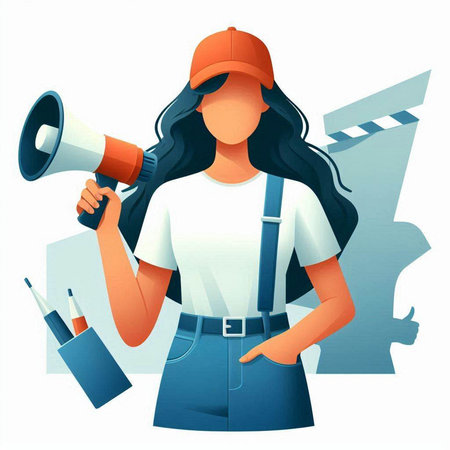 Woman holding a megaphone in her hand. Vector illustration.