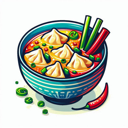 Vector illustration of a bowl of chinese dumpling soup.のイラスト素材