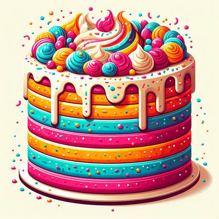 Birthday cake with colorful cream and sprinkles. Vector illustration.