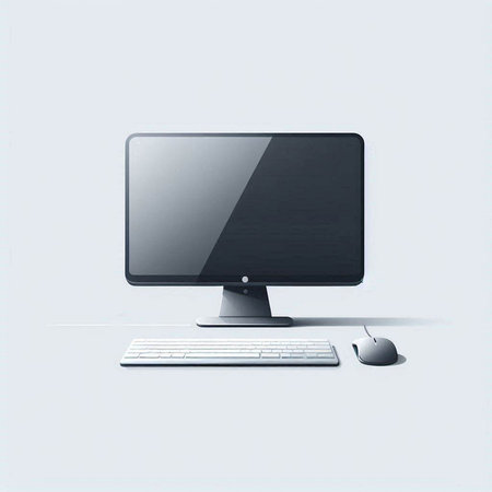 Computer monitor with keyboard and mouse on white background. Vector illustration.