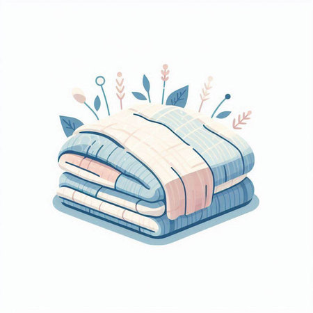 Vector illustration of a stack of folded bedding with floral elements.