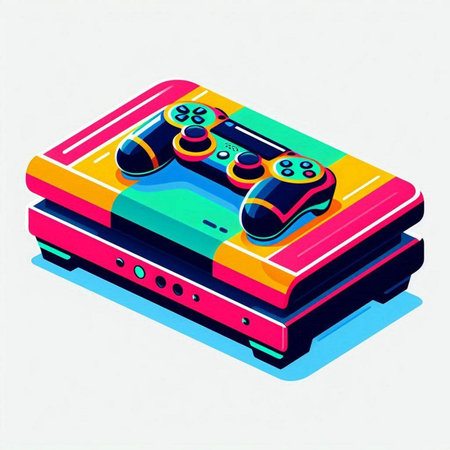 Retro video game controller on a colorful background. Vector illustration.