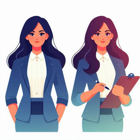 Business woman with clipboard and pen. Vector illustration in flat style.
