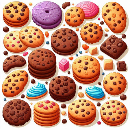 Sweets background with chocolate chip cookies and candies, vector illustration